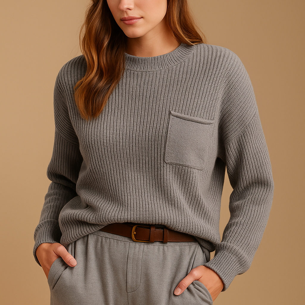 Minimalist women’s knit pullover sweater with relaxed fit, perfect for casual and semi-formal wear in neutral and brick colors