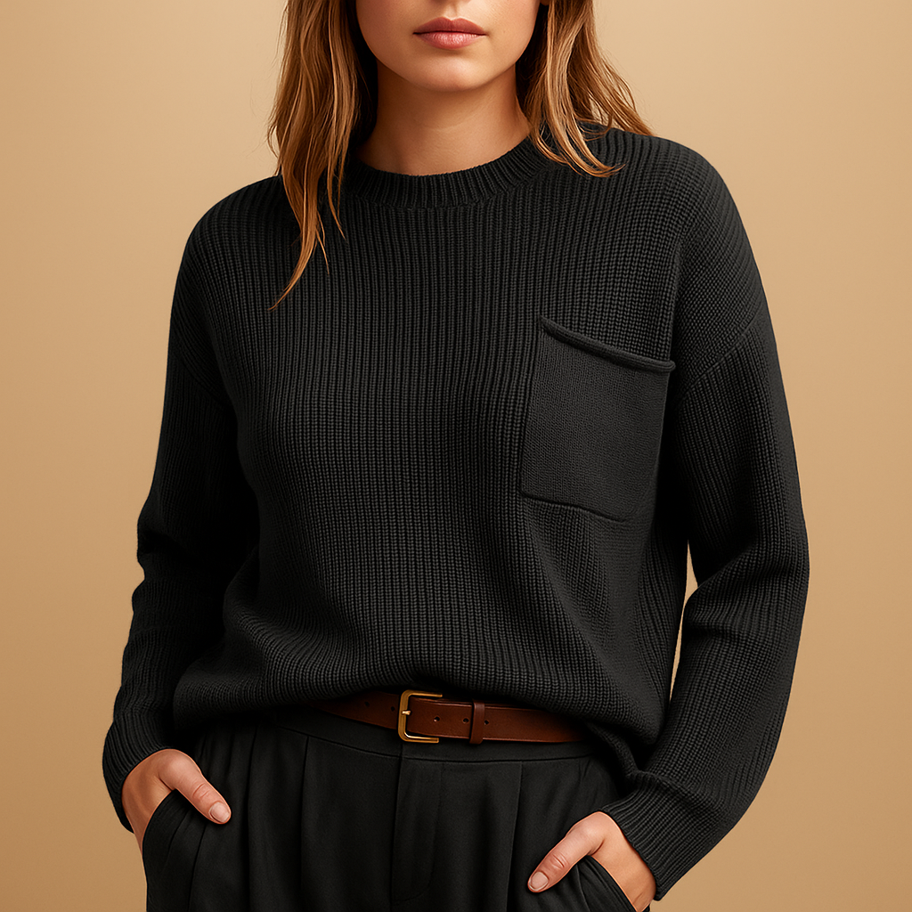Minimalist women’s knit pullover sweater with relaxed fit, perfect for casual and semi-formal wear in neutral and brick colors