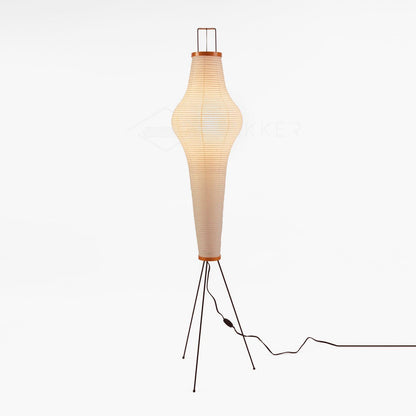 "Minimalist rice paper floor lamp with sleek metal frame and soft diffused light, perfect for creating a warm ambiance."