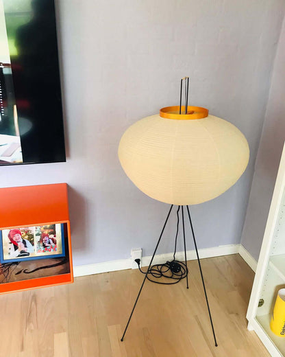 "Minimalist rice paper floor lamp with sleek metal frame and soft diffused light, perfect for creating a warm ambiance."