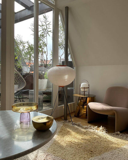 "Minimalist rice paper floor lamp with sleek metal frame and soft diffused light, perfect for creating a warm ambiance."