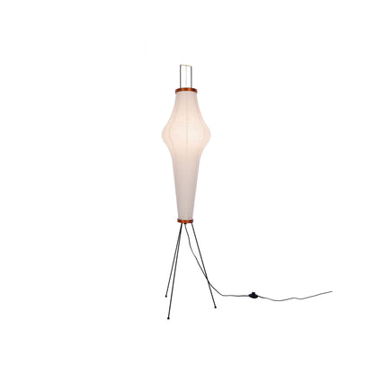 "Minimalist rice paper floor lamp with sleek metal frame and soft diffused light, perfect for creating a warm ambiance."