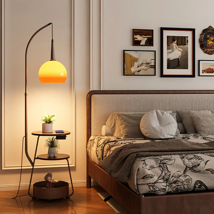 "Modern bedside lamp with Bauhaus design, metal and wood finish, warm ambient lighting, perfect for stylish bedrooms."