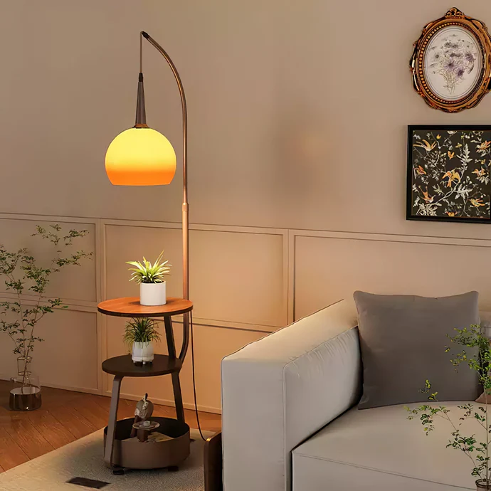 "Modern bedside lamp with Bauhaus design, metal and wood finish, warm ambient lighting, perfect for stylish bedrooms."
