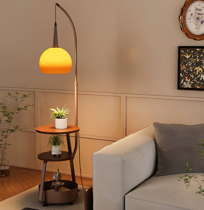 "Modern bedside lamp with Bauhaus design, metal and wood finish, warm ambient lighting, perfect for stylish bedrooms."