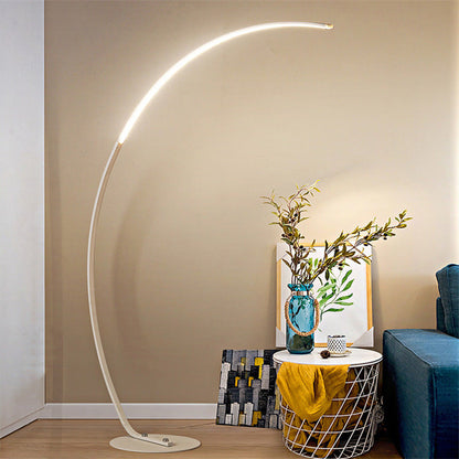Modern black LED floor lamp with a curved structure, matte finish, and sleek design; perfect for home lighting decoration.