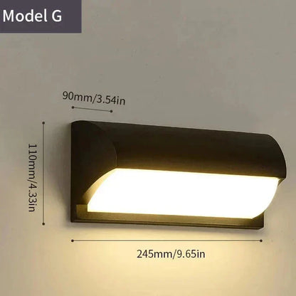 Modern black LED outdoor wall light with motion sensor, waterproof ABS, enhances security, suits balconies, porches, gardens.