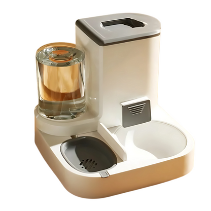 "Modern cat feeder with auto water dispenser, grey, sleek design, large 2.2kg food and 1L water capacity, pet supplies"