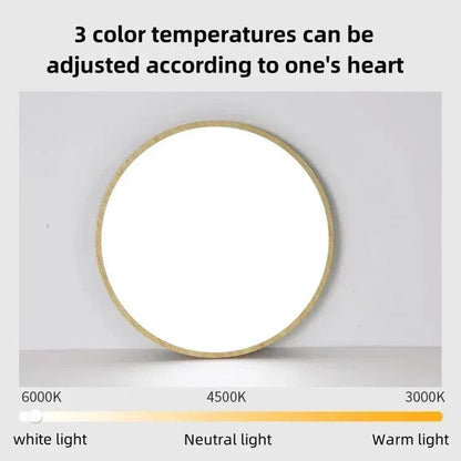 "Modern Circular Ultrathin Wooden LED Ceiling Light with natural or walnut finish, sleek 2.5 cm thick design, 30-40 cm size."