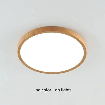 "Modern Circular Ultrathin Wooden LED Ceiling Light with natural or walnut finish, sleek 2.5 cm thick design, 30-40 cm size."