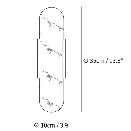 "Modern elongated alabaster wall lamp with metal and brass accents, emits warm glow, suitable for chic interior decor."