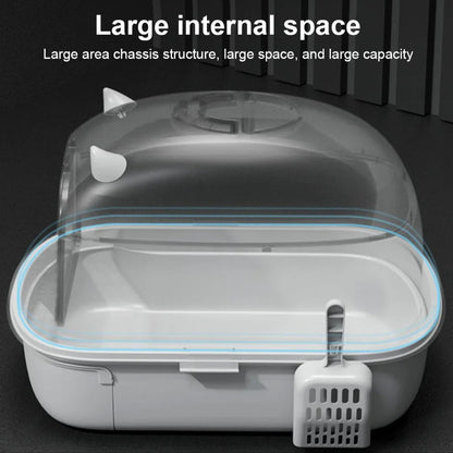 "Modern enclosed cat litter box with swing door, pull-out tray, high walls in grey and white, stylish pet supplies solution."