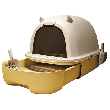 "Modern enclosed cat litter box with swing door, pull-out tray, high walls in grey and white, stylish pet supplies solution."
