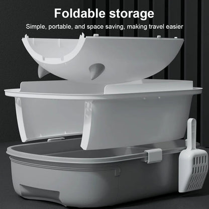 "Modern enclosed cat litter box with swing door, pull-out tray, high walls in grey and white, stylish pet supplies solution."