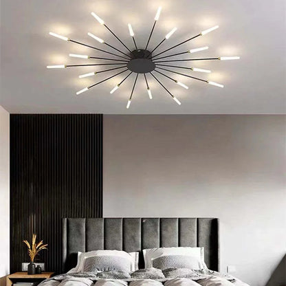 "Modern firework-inspired flush mount light with sleek metal and acrylic design, enhancing interior elegance and ambiance."