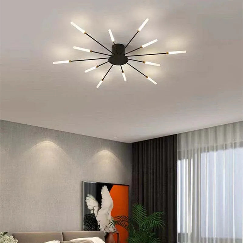 "Modern firework-inspired flush mount light with sleek metal and acrylic design, enhancing interior elegance and ambiance."