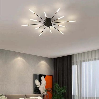 "Modern firework-inspired flush mount light with sleek metal and acrylic design, enhancing interior elegance and ambiance."