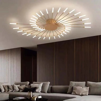 "Modern firework-inspired flush mount light with sleek metal and acrylic design, enhancing interior elegance and ambiance."