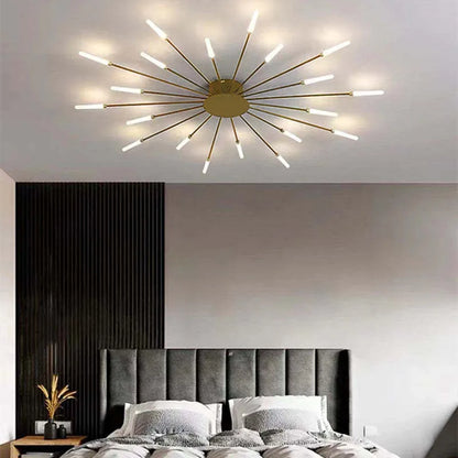 "Modern firework-inspired flush mount light with sleek metal and acrylic design, enhancing interior elegance and ambiance."