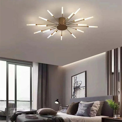 "Modern firework-inspired flush mount light with sleek metal and acrylic design, enhancing interior elegance and ambiance."