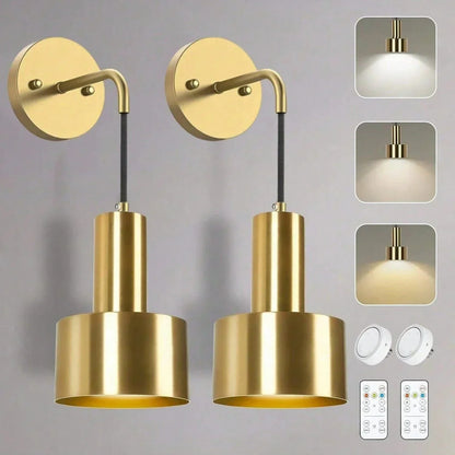 "Modern gold and black battery wall lamp with remote control, enhancing indoor ambiance with adjustable brightness levels."