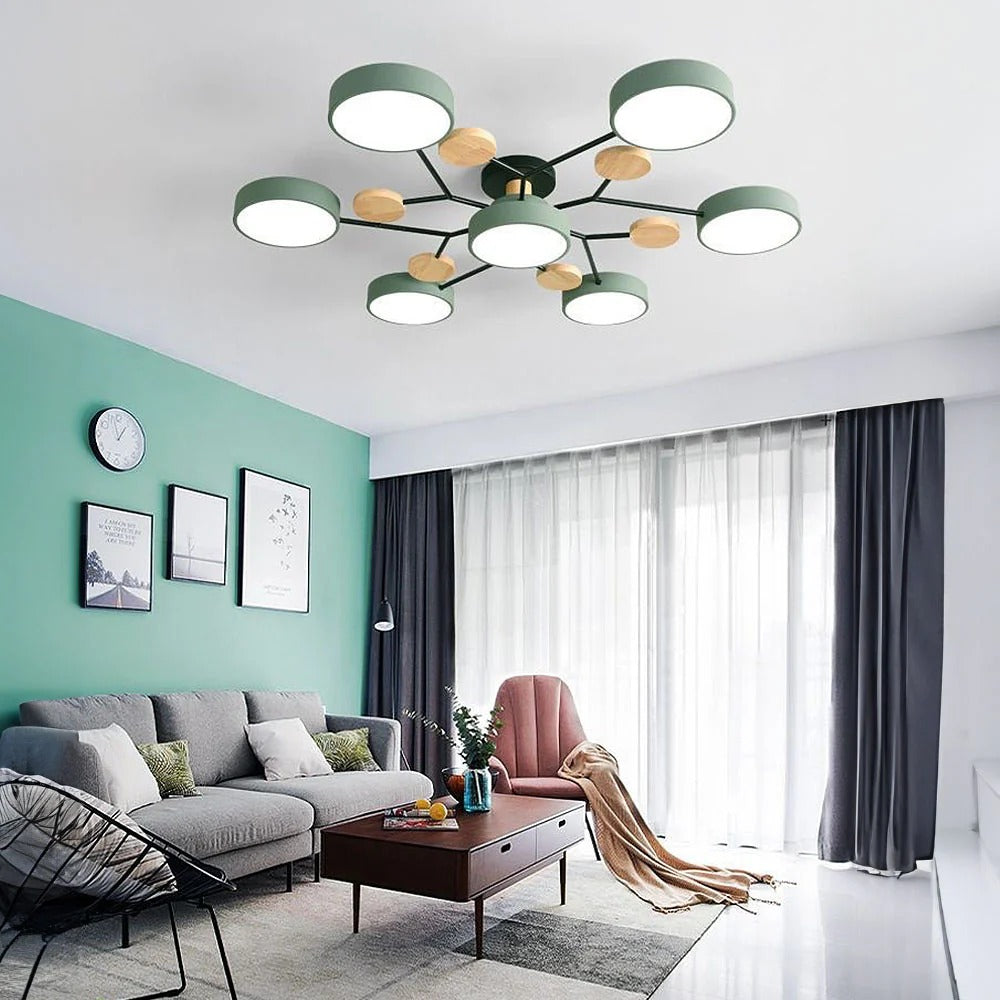 Modern LED ceiling light chandelier with sleek, minimalist design; iron and acrylic materials illuminate living rooms.