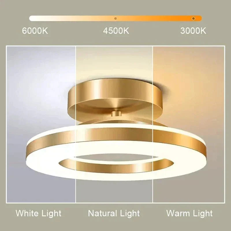 "Modern LED ceiling light with adjustable colors, sleek design, gold and black finish, perfect for contemporary interiors."