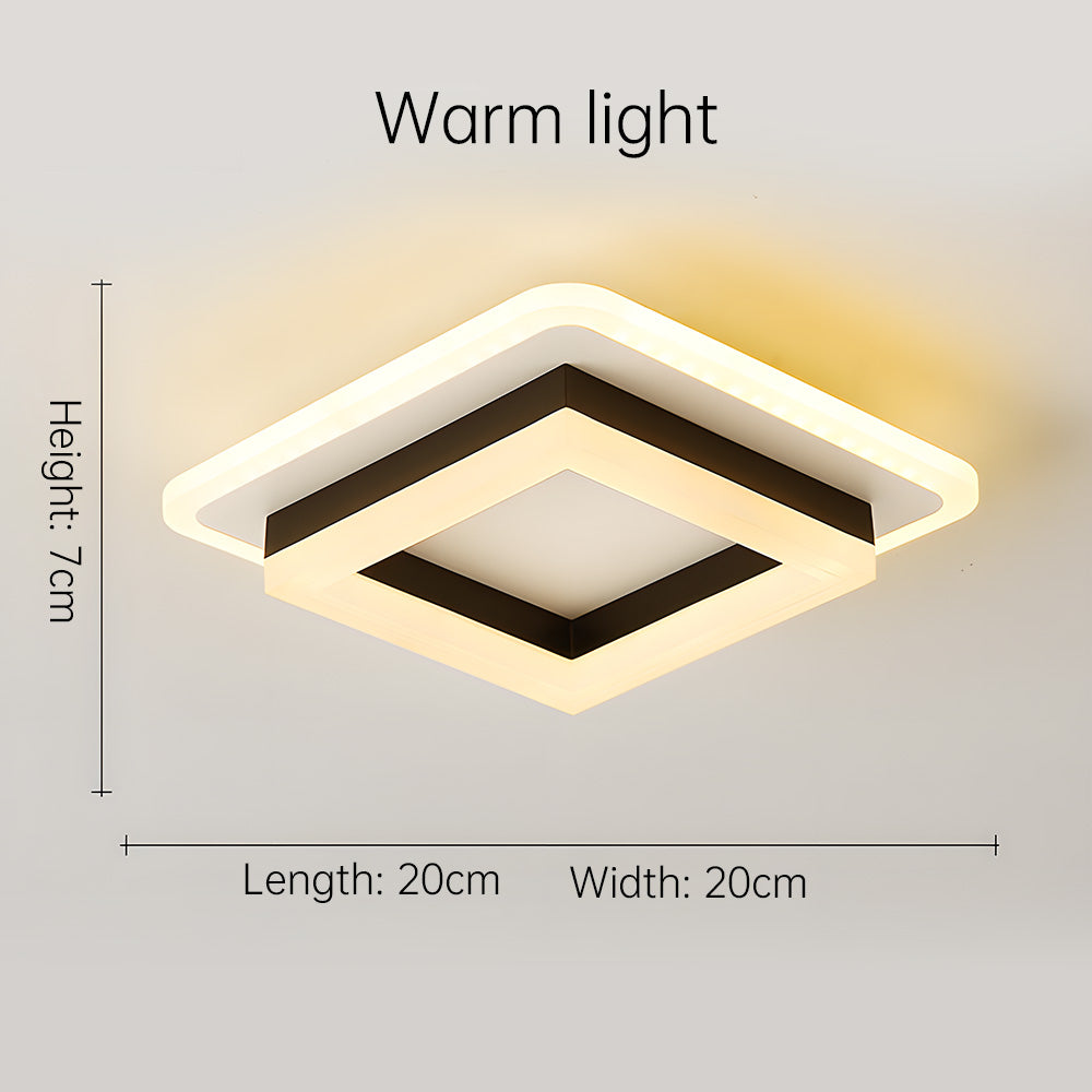 "Modern LED ceiling light with sleek square design, black finish, ideal for stylish hallways, emits bright 1920 lumens."