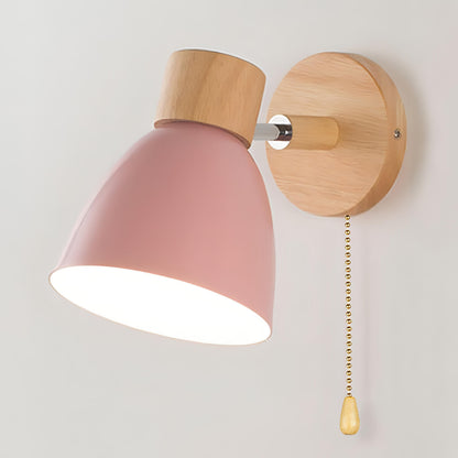 Modern Scandinavian wall light, natural wood frame, metal accents, pull switch, emits soft glow, fits minimalist decor.