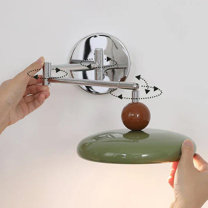 "Modern swing arm wall lamp with adjustable metal arm, acrylic base, integrated LED, beige and green color options."
