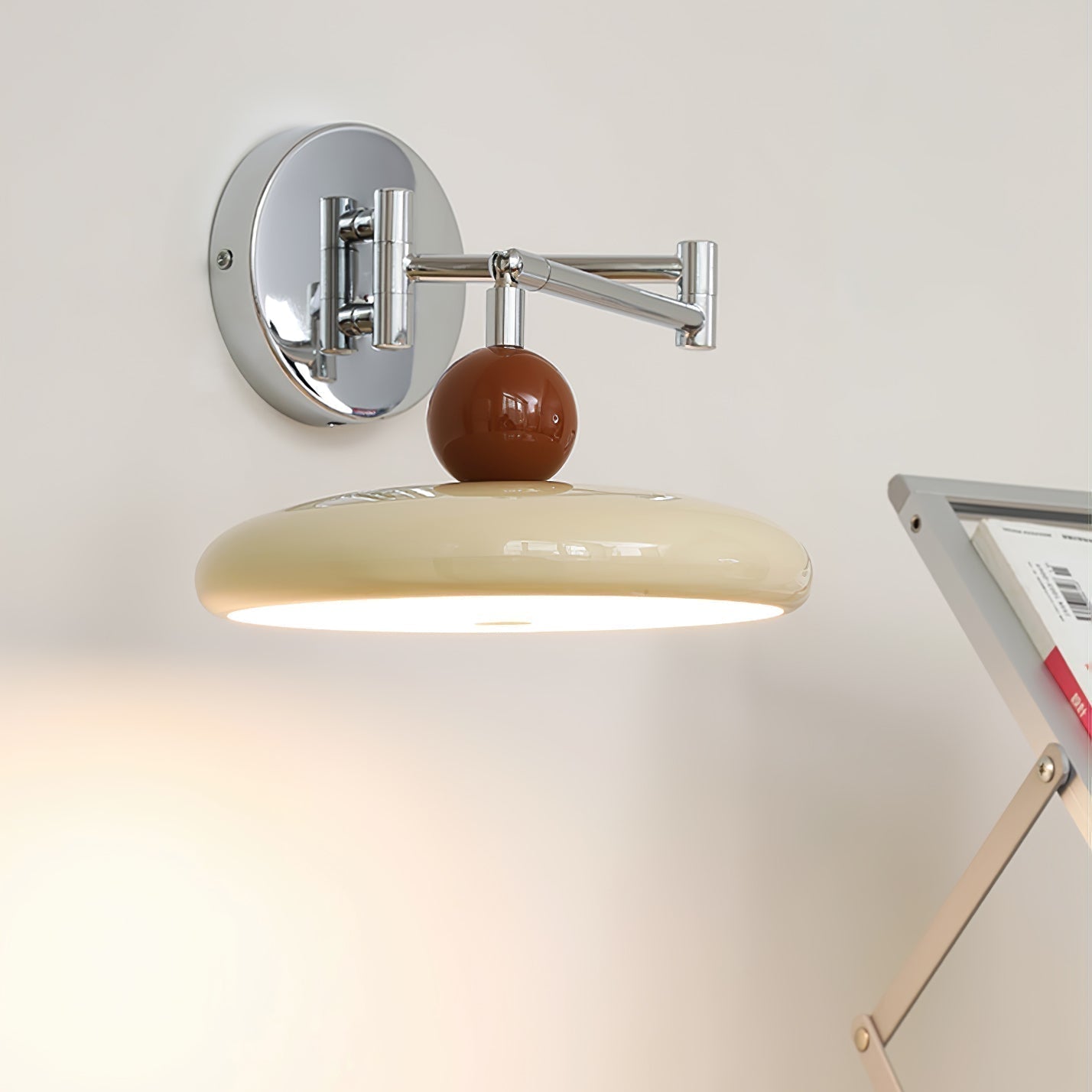 "Modern swing arm wall lamp with adjustable metal arm, acrylic base, integrated LED, beige and green color options."
