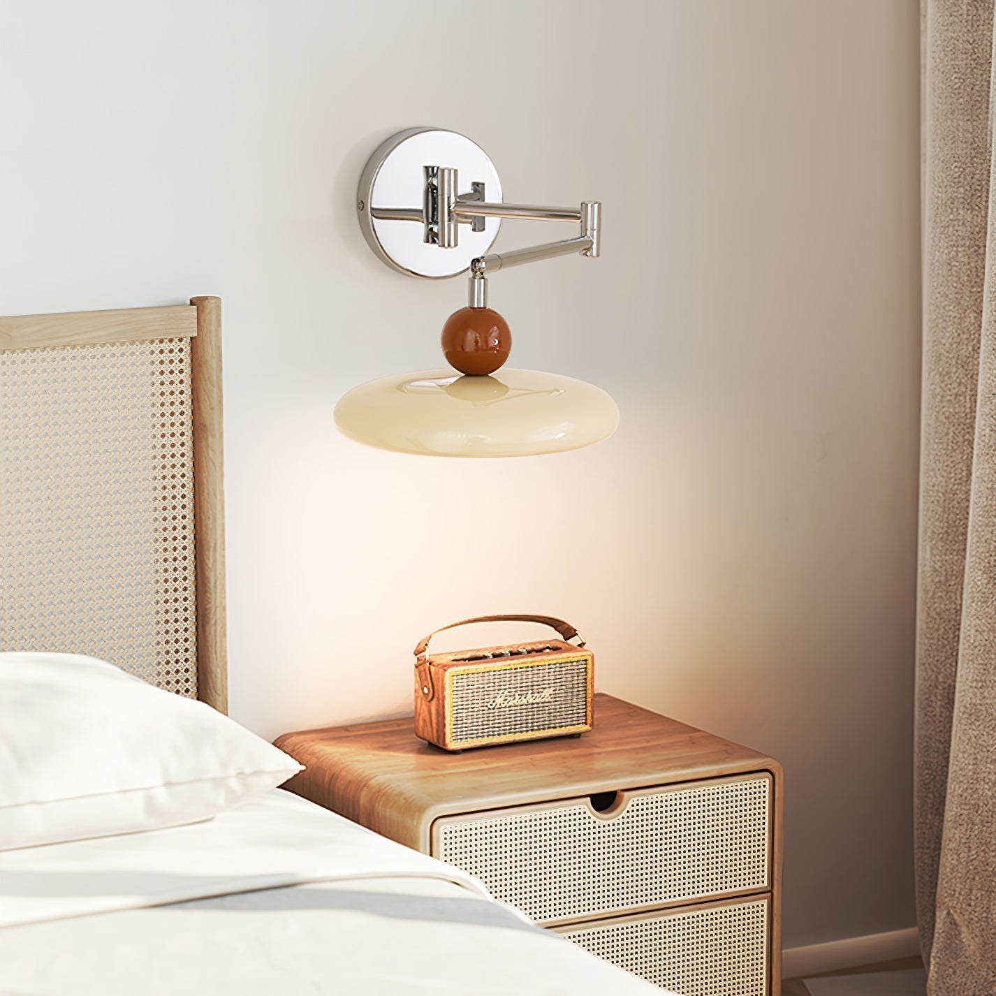 "Modern swing arm wall lamp with adjustable metal arm, acrylic base, integrated LED, beige and green color options."