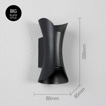 Modern waterproof LED wall light, sleek aluminium, IP65 rating, indoor/outdoor use, warm white glow, available in black.