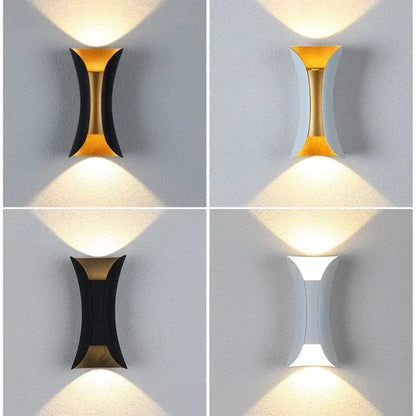 Modern waterproof LED wall light, sleek aluminium, IP65 rating, indoor/outdoor use, warm white glow, available in black.