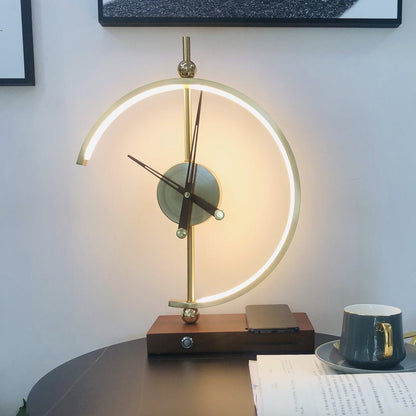 "Modern wireless lamp with LED, clock, maple wood frame, and metal accents for home/office. Energy-efficient lighting, sleek 