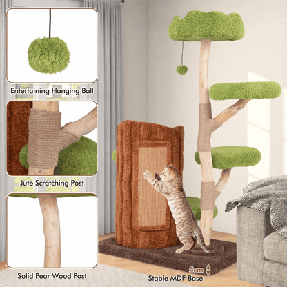 "Multi-level cat tree tower with condo nests, sisal scratch posts, and plush perches for feline comfort and activity."