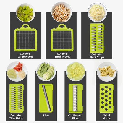 "Multifunctional kitchen vegetable chopper and grater, sleek design, ideal for slicing and grating veggies, 16-in-1 tool."
