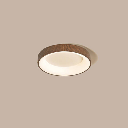 "Natural wooden LED ceiling light with circular frame, rustic-modern design, energy-efficient, enhances home ambiance."