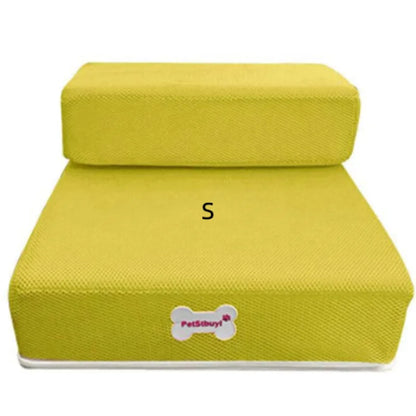 "Non-slip pet stairs with soft foam for dogs and cats, safe steps for easy access to sofa or bed, supportive and stylish."