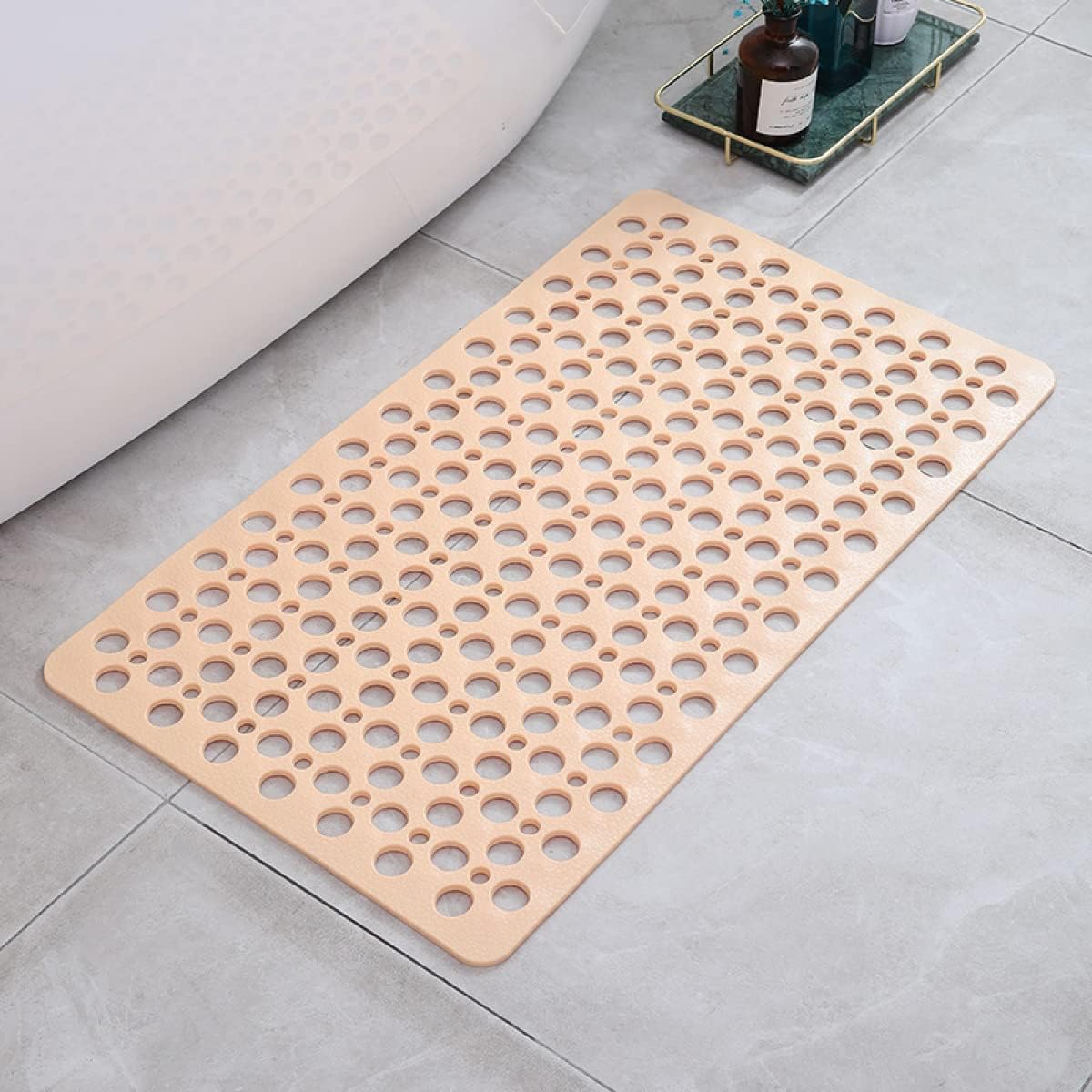 Non-slip shower mat with suction cups, textured for comfort, mold-resistant, in blue, green, grey; enhances bathroom safety.
