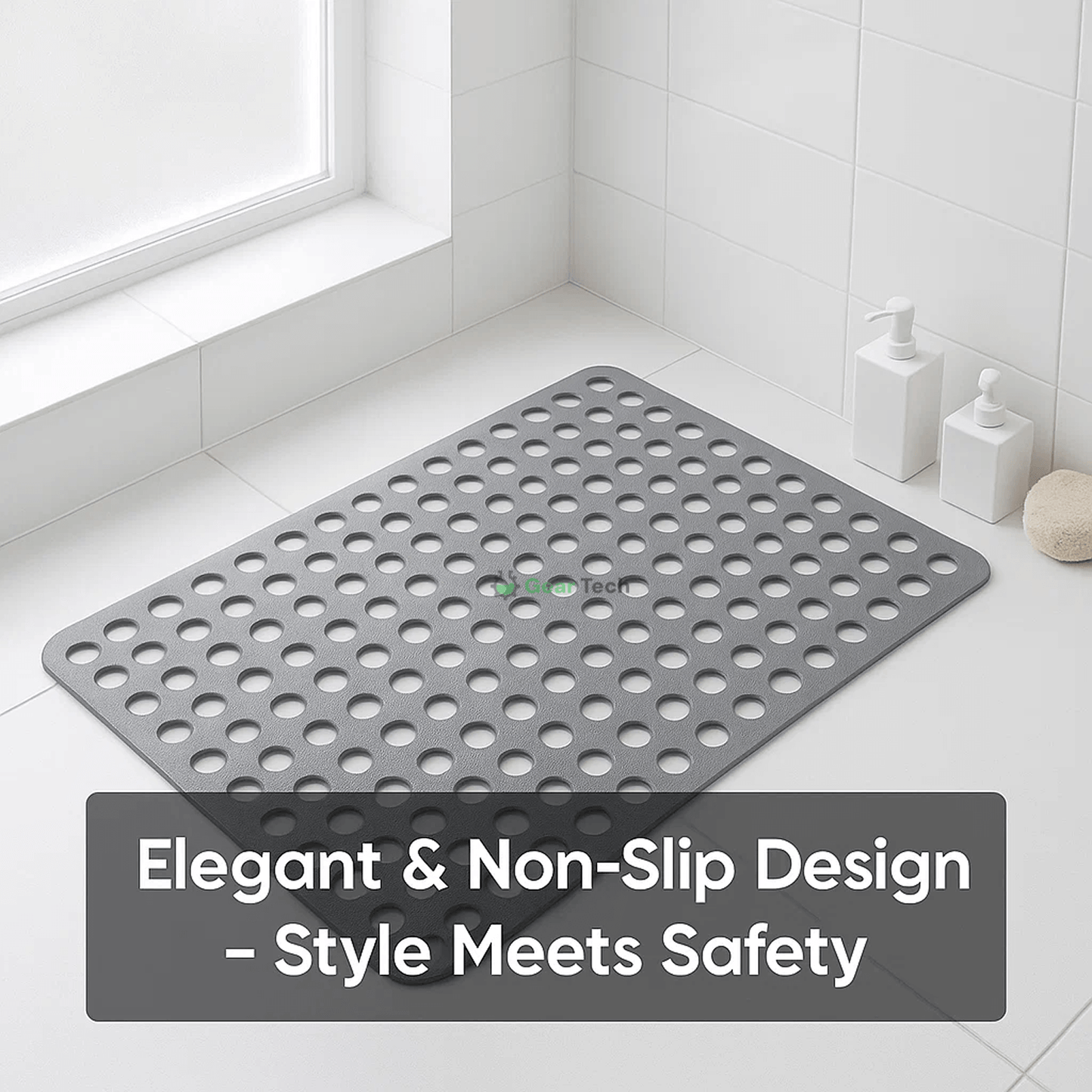 Non-slip shower mat with suction cups, textured for comfort, mold-resistant, in blue, green, grey; enhances bathroom safety.