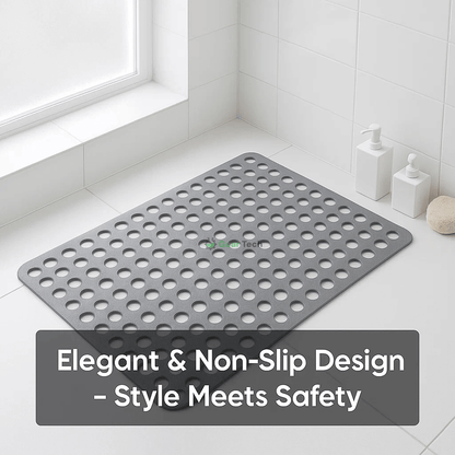Non-slip shower mat with suction cups, textured for comfort, mold-resistant, in blue, green, grey; enhances bathroom safety.