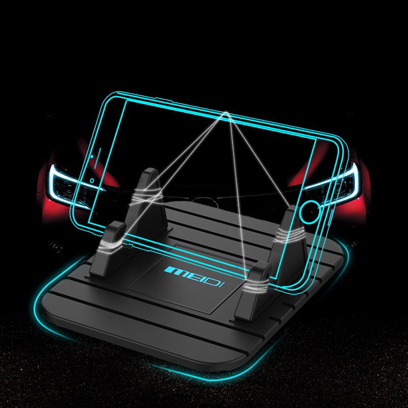 Non-slip silicone phone holder for car dashboard, secure grip in black or rose red, perfect for safe hands-free driving.