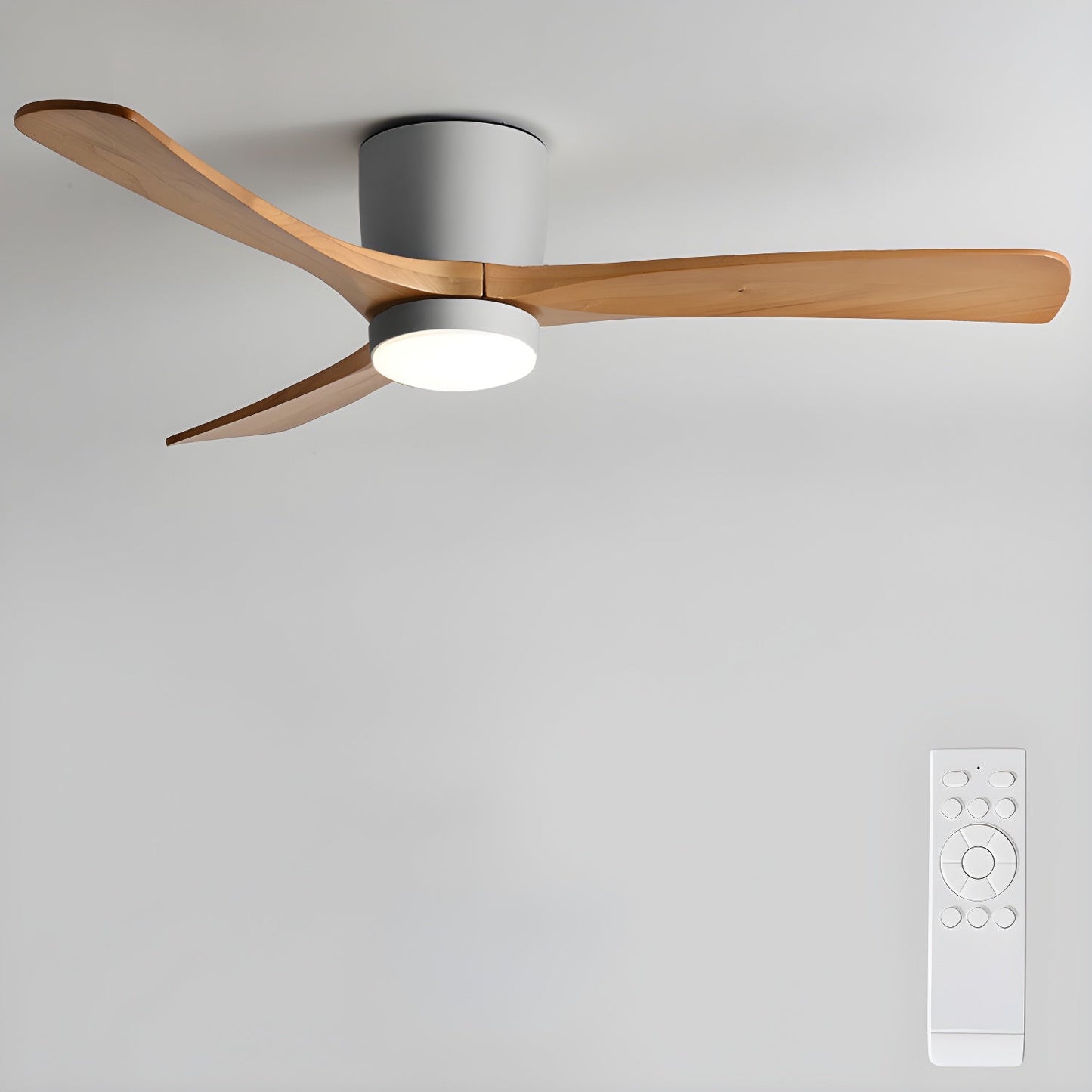 "Nordic Wooden Ceiling Fan Light with sycamore blades and LED, remote-operated for modern home decor."