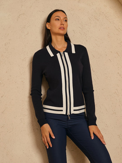 Classic Golf Stripe Full Zip Sweater - Luxivelle