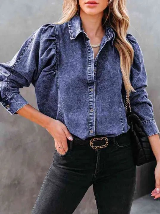 Ladies' Gathered Sleeve Blouse with Front Buttons - Luxivelle