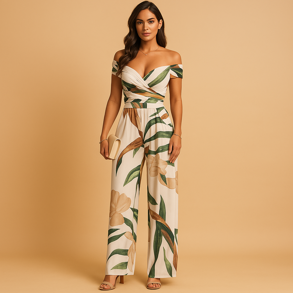 Women’s off-shoulder jumpsuit with red and blue floral print, fitted silhouette, and breathable fabric, perfect for weddings or events.