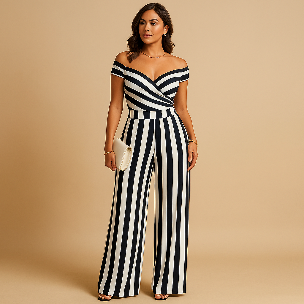 Women’s off-shoulder jumpsuit with red and blue floral print, fitted silhouette, and breathable fabric, perfect for weddings or events.