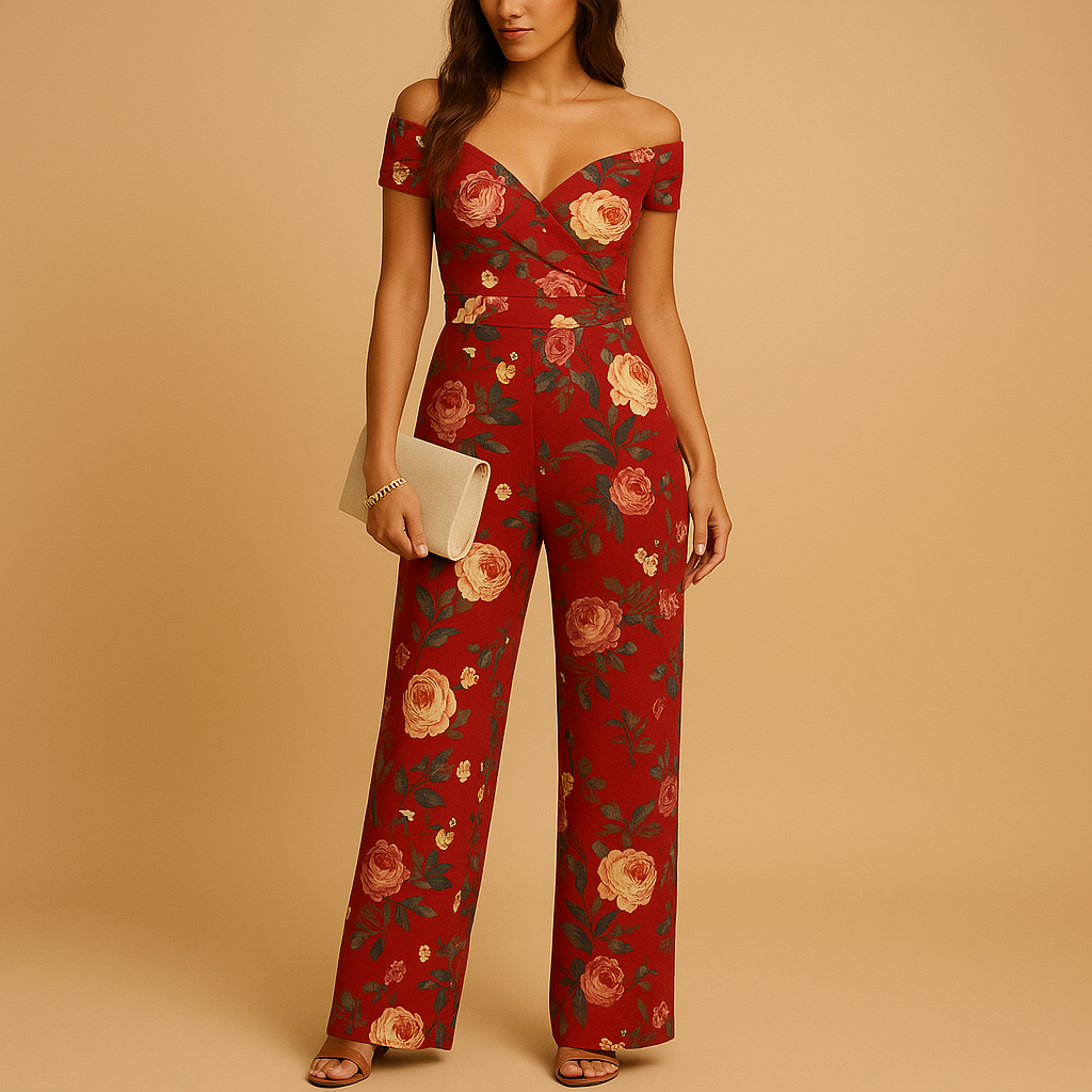 Women’s off-shoulder jumpsuit with red and blue floral print, fitted silhouette, and breathable fabric, perfect for weddings or events.