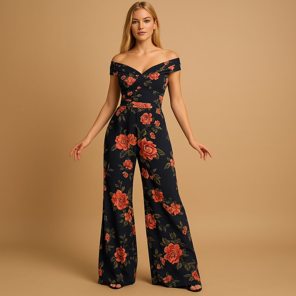 Women’s off-shoulder jumpsuit with red and blue floral print, fitted silhouette, and breathable fabric, perfect for weddings or events.